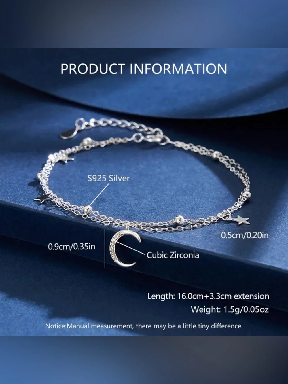 Celestial Double Chain Charm Bracelet | 925 Sterling Silver | Sz 6 3/8 + 1 5/8”